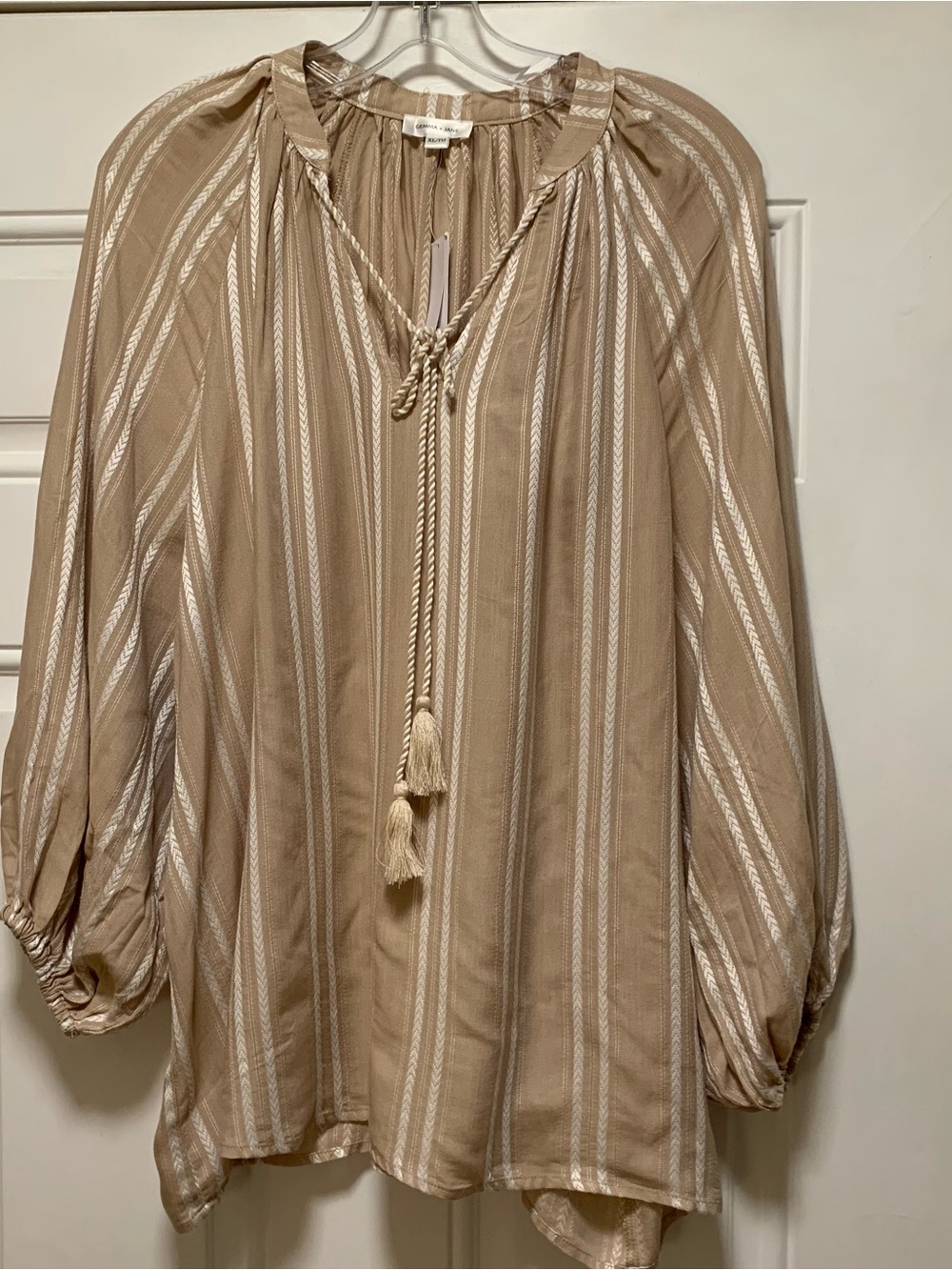 Striped Tassel Tie Beige Tunic Blouse